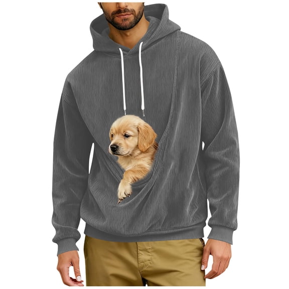 FAVIPT Mens Pet Carrier Hoodie Corduroy Kangaroo Pouch Oversized Sweatshirt Long Sleeve Pet Carrier Pullover 2026 Gray,XL