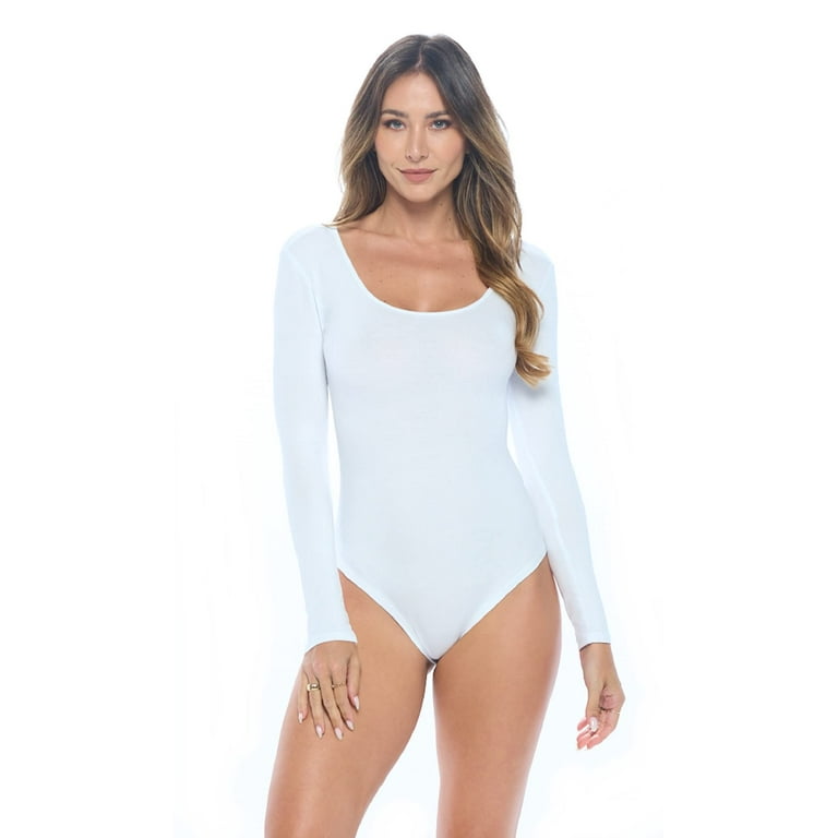 ACTIVE UNIFORMS Bodysuit For Women Long Sleeve Scoop Neck Body  Suit-Breathable Cotton Stretch (White, XX-Large)