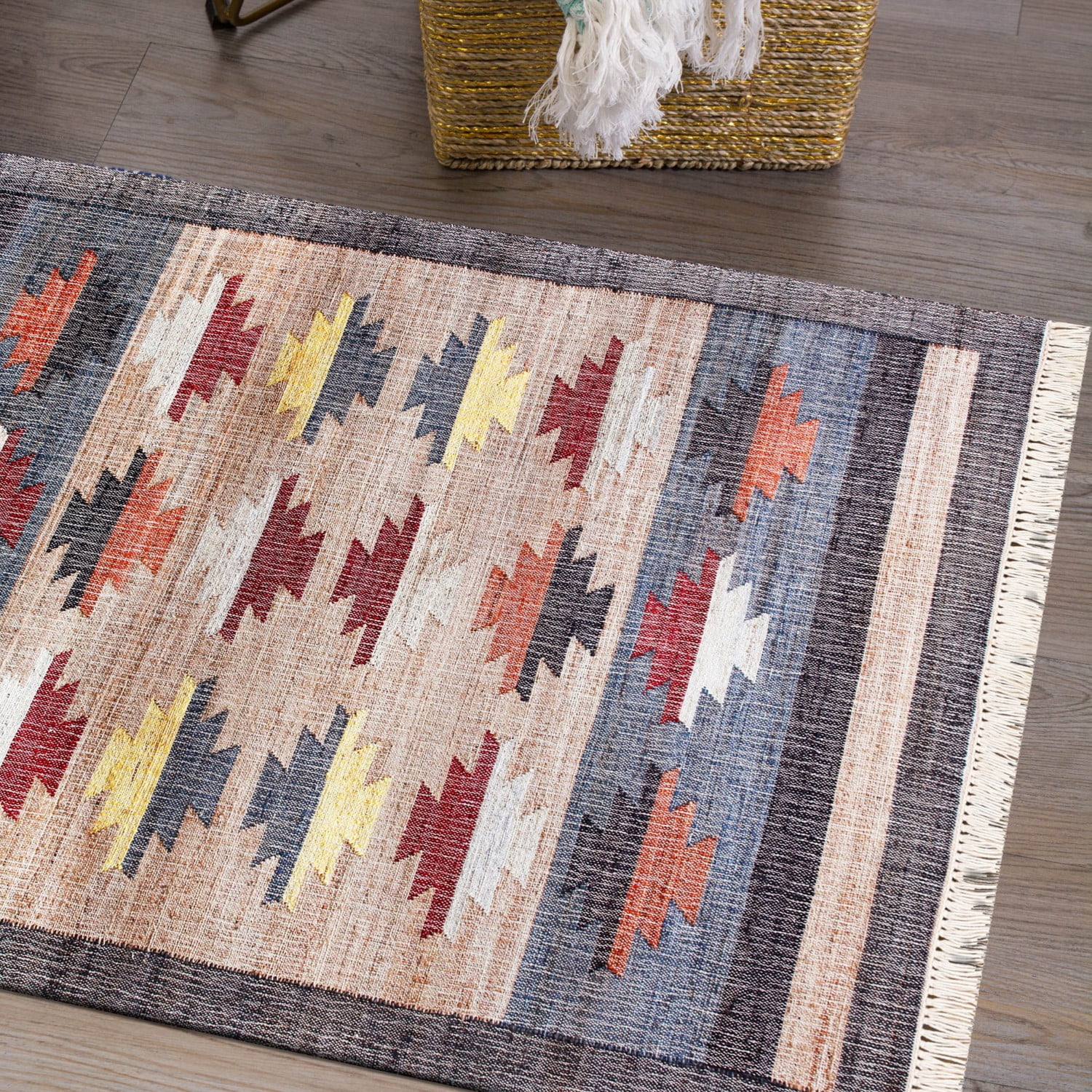 Laddha Home Designs 2' x 3' Handwoven Tribal Area Throw Rug - Tan and Gray