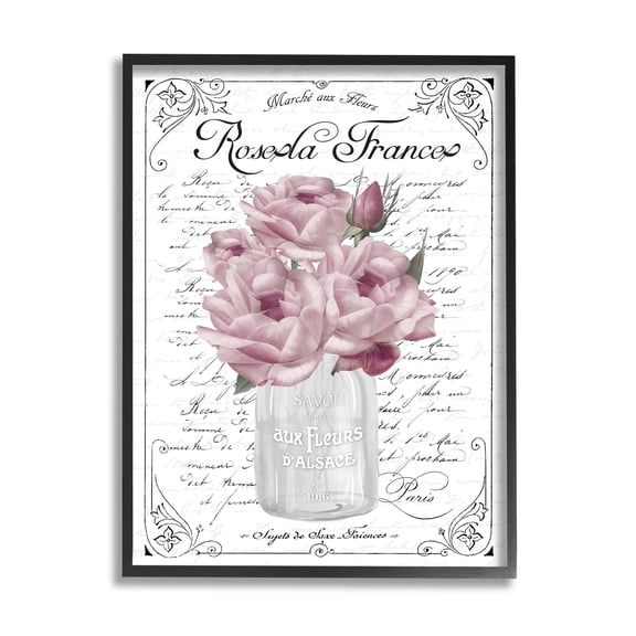 Stupell Industries Pink Roses Bouquet French Words Fancy Script Background Graphic Art Black Framed Art Print Wall Art, Design by Lettered and Lined