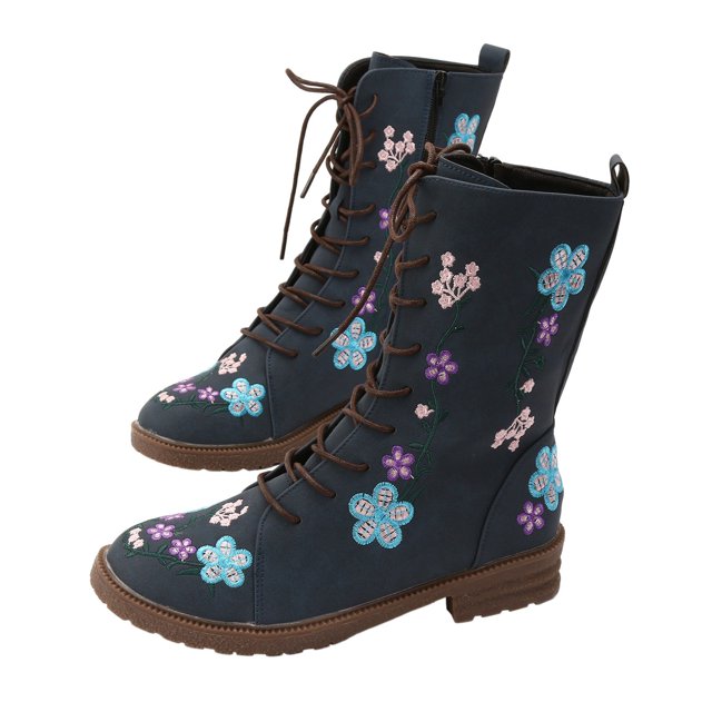 Leozcaa Womens Round Toe Military Lace Up Embroidered Flower Ankle Cuff Low Heel Short Combat Boots