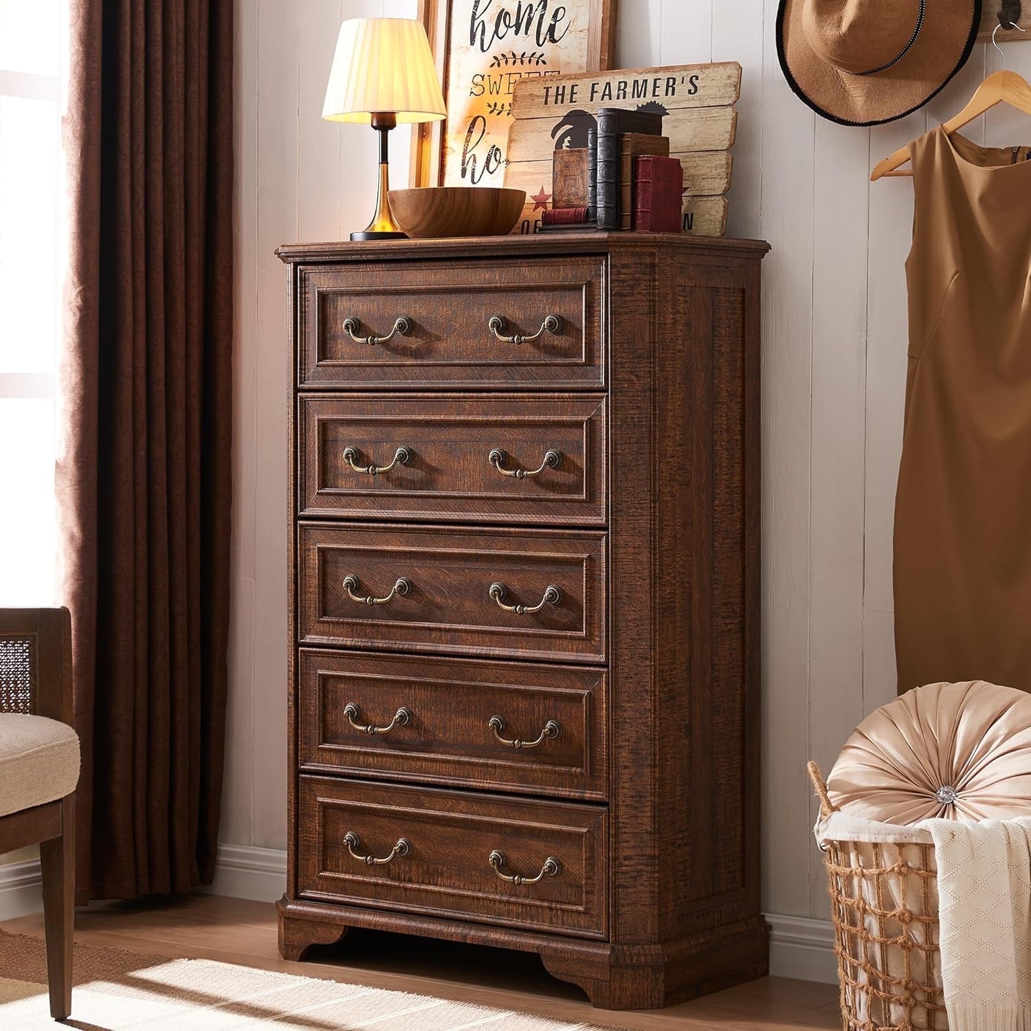 OKD Farmhouse 5-Drawer Dresser with Vintage Wood Thick Plank, Tall Storage Chest with Anti-Tip Device for Bedroom, Living Room, Reclaimed Barnwood