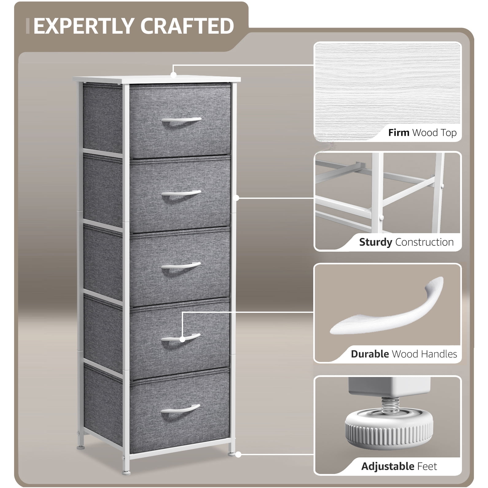 Sorbus Narrow 5-Drawer Dresser Nightstand, White/Gray, Steel Frame, Wood Top