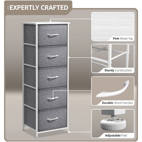 Sorbus Commode de Chevet avec 5 Tiroirs - Grande Tour de Rangement Organisateur pour Chambre, Couloir, Garde-Robe, Dortoir Universitaire - Commode pour Vêtements, Cadre en Acier, Dessus en Bois, Bacs en Tissu (Blanc/gris)