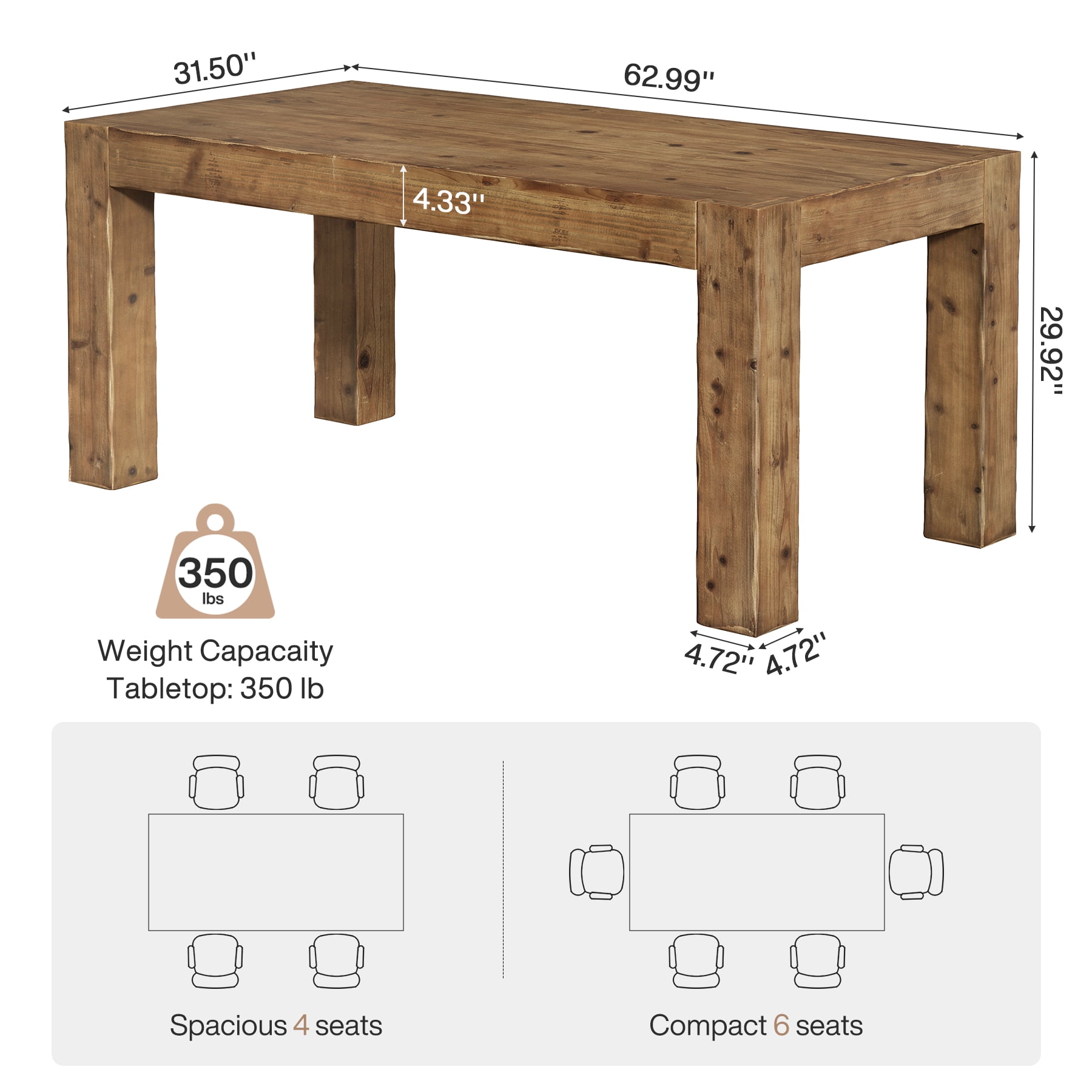Tribesigns  Solid Wood Dining Table for 4-6 People, 63 Inch Rectangle Farmhouse Table for Kitchen, Dining Room, Rustic Brown
