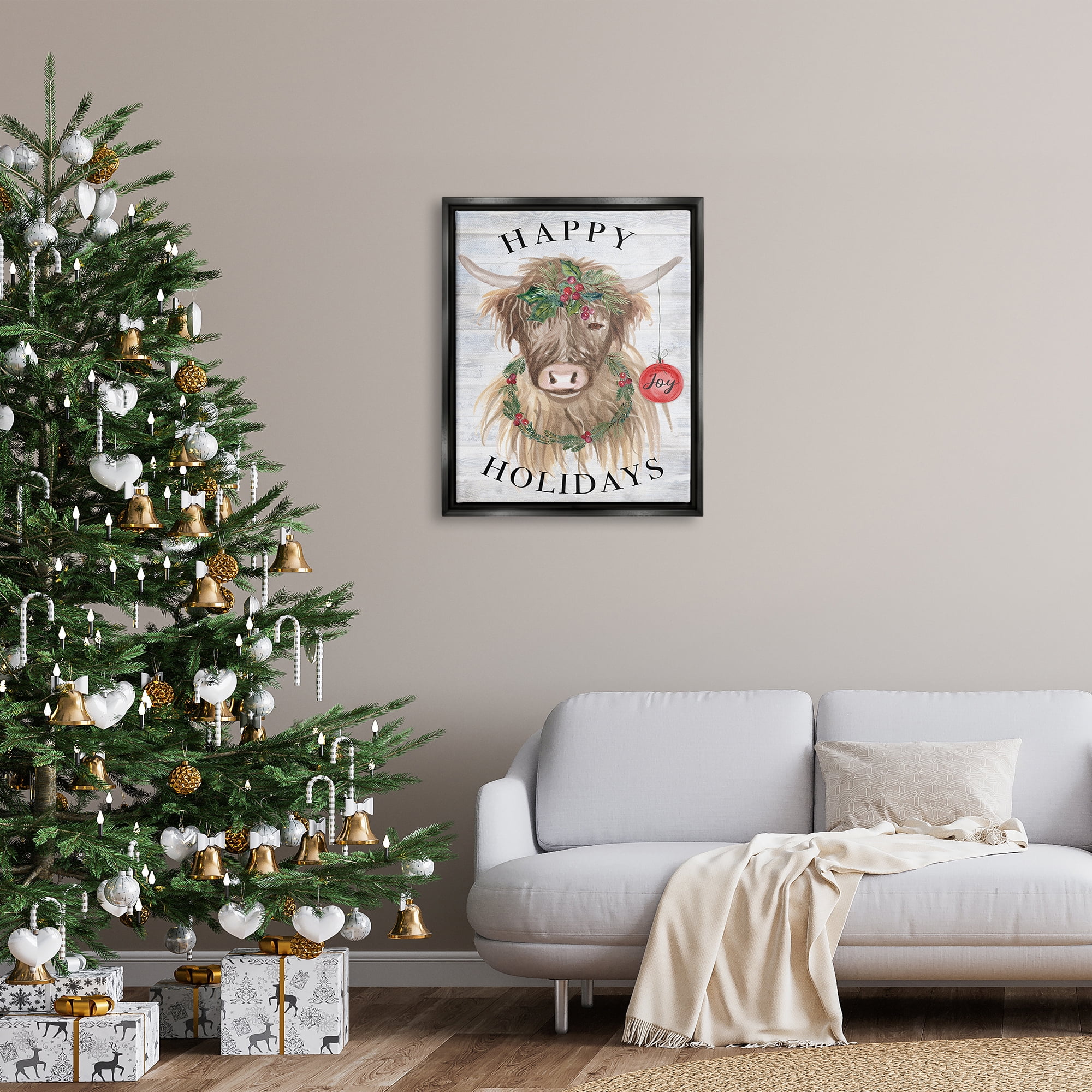 Stupell Industries Farmhouse Holiday Cow Holiday Painting Black Floater Framed Art Print Wall Art, 25 x 31