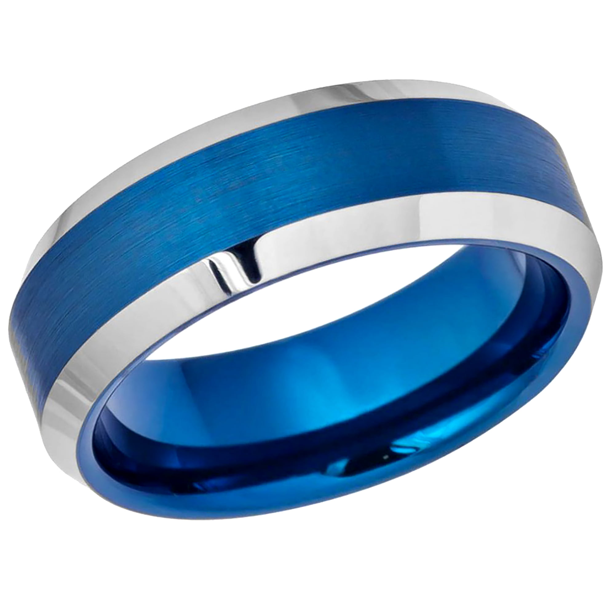 Free Engraving 8mm Tungsten Carbide Blue IP Brushed Center High Polished Beveled Edge Wedding Band Ring