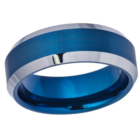 Men Women Tungsten Carbide Wedding Band Ring 8mm Comfort Fit Beveled Edge Brushed Blue Tone Tungsten Ring