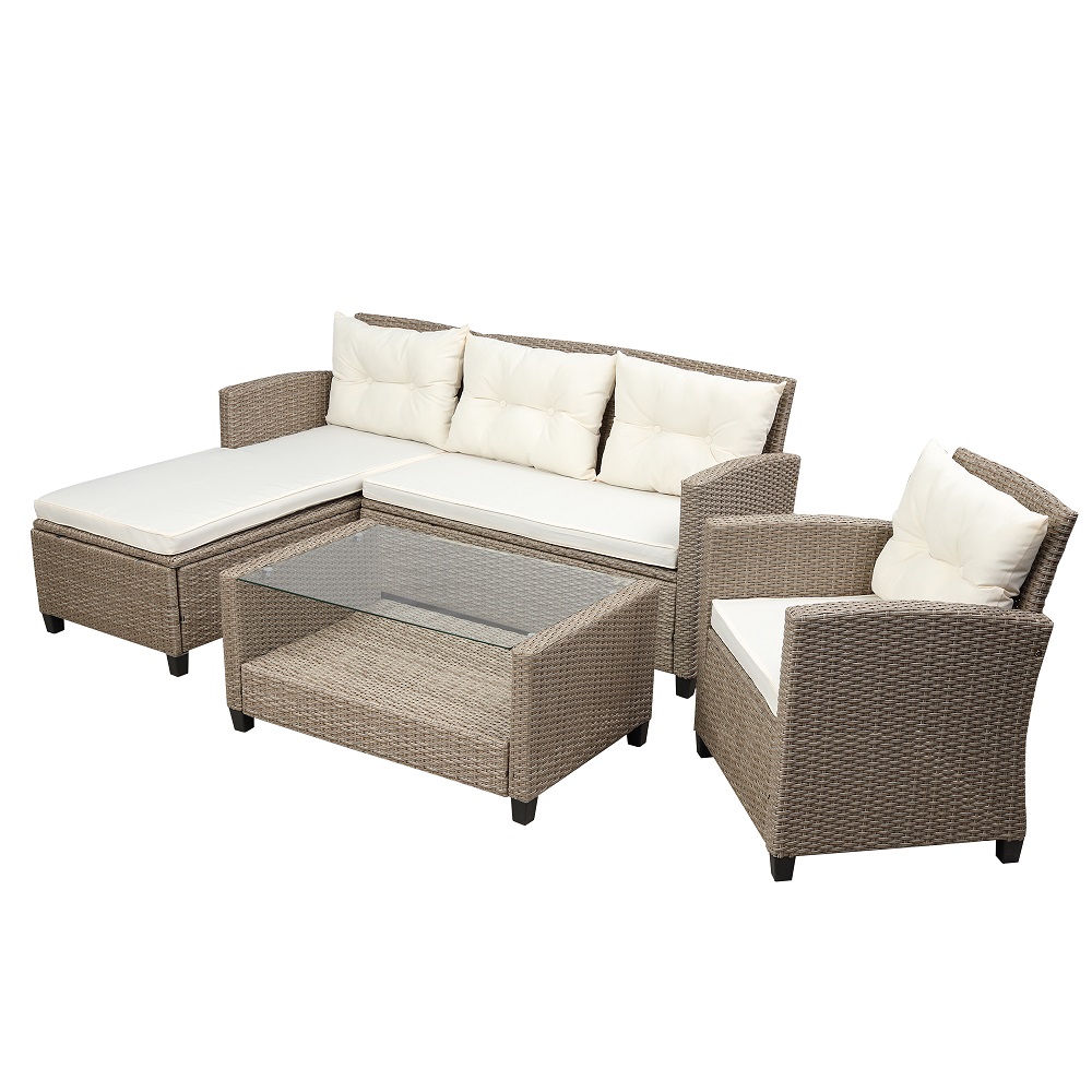4 Piece Outdoor Patio Sofa Set, SEGMART Wicker Outdoor Furniture Set w/ Coffee Table, Patio Conversation Set w/ Cushions and Sofa Chair, Outdoor Sectional Couch for Lawn Garden Poolside, Beige, H270 - image 4 of 9