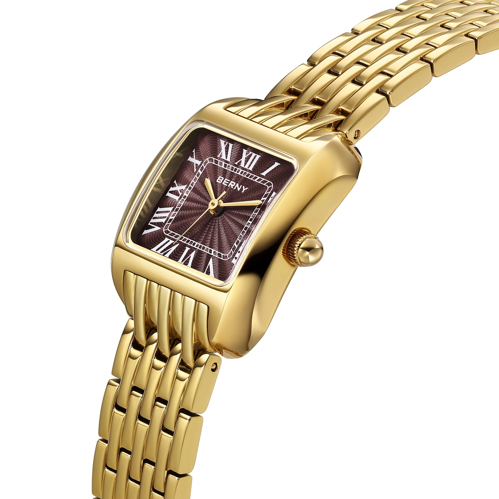 BERNY Gold Watches for Women, Square Dainty Ladies Analog Quartz Watch with Roman Numeral, Stainless Steel Bracelet Watch, Classic Waterproof Women Wristwatch Gift, Brown