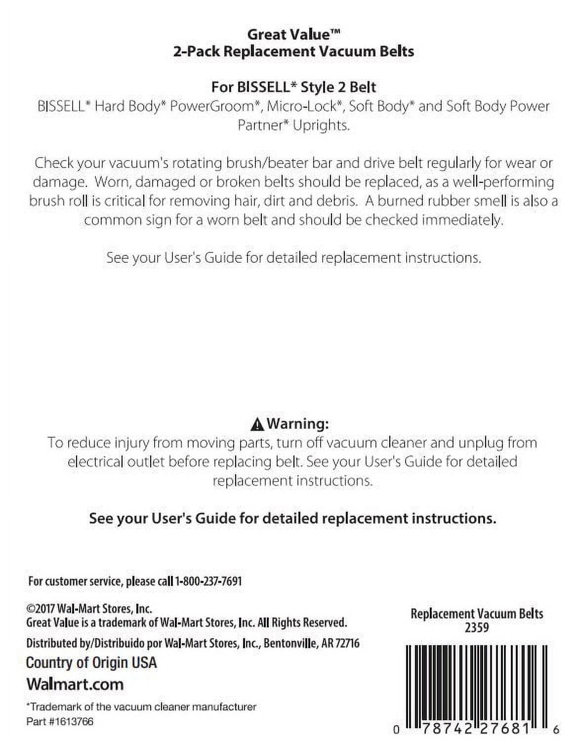 Great Value Replacement Vacuum Belts Compatible with Bissell Style 2, Durable Material, 2 Count
