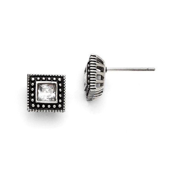 Chisel  Stainless Steel Antiqued and Polished CZ Square Post Earrings