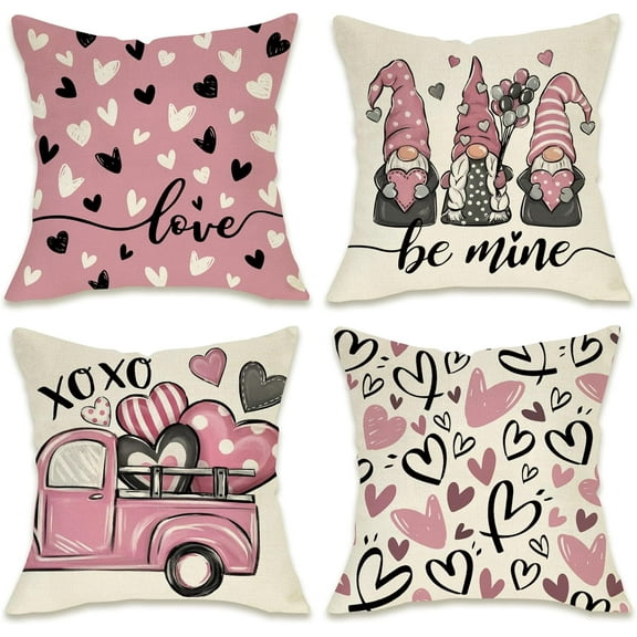 Valentine''s Day Decorative Throw Pillow Covers 18x18 Set of 4, Pink Love Hearts Gnome Truck Be Mine Outdoor Pillowcase, Polka Dots Stripes Anniversary Wedding Holiday Cushion Case Home Decor