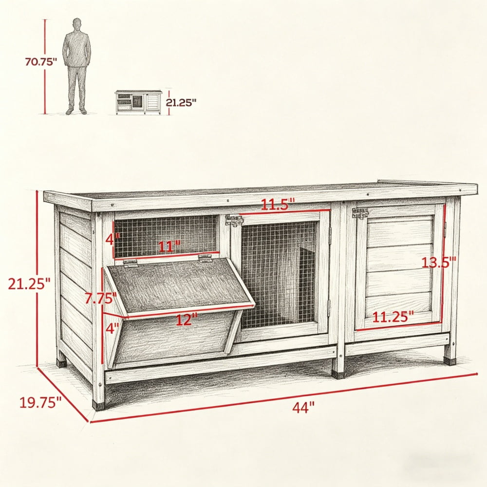 Outdoor 2-Room Fir Wood Rabbit Hutch, Weatherproof Asphalt Roof Small Animal Cage with Pull Out Trays, Predator Resistant Steel Wire Bunny House for Rabbits Guinea Pigs Backyard Patio Use