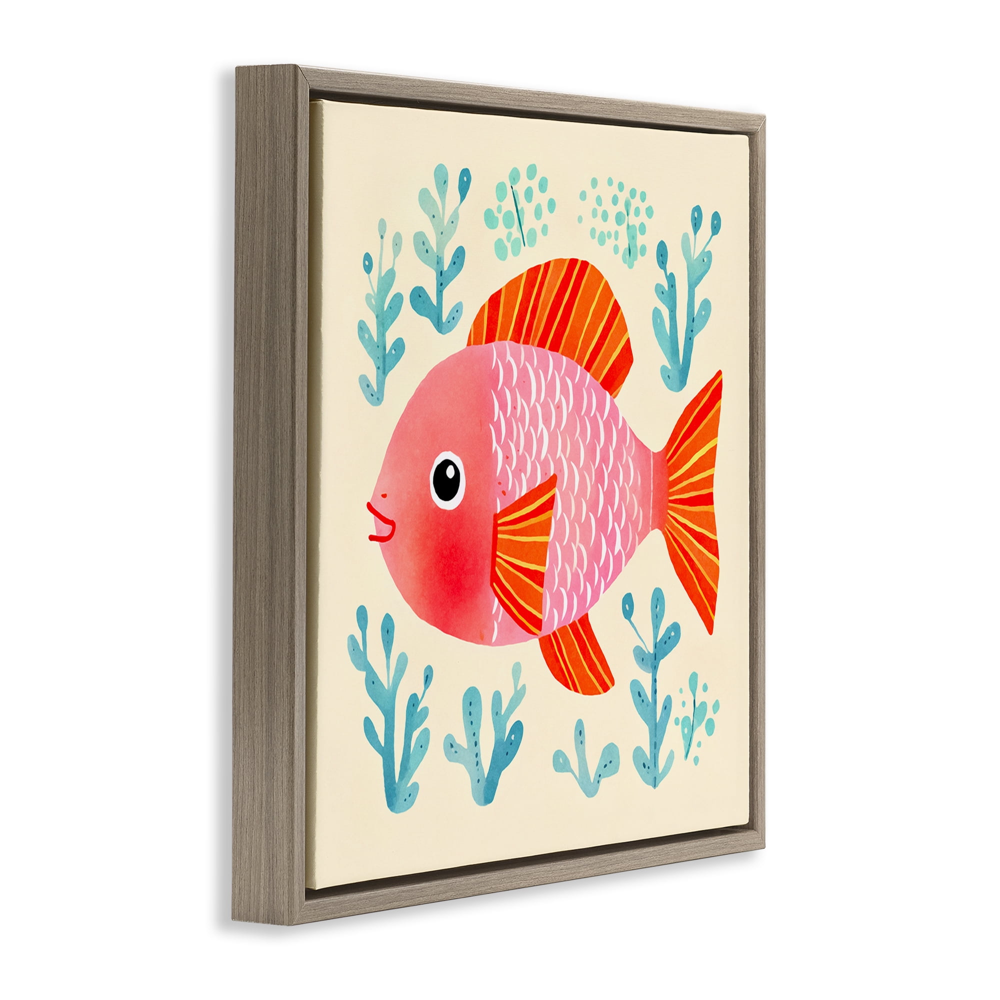 Stupell Industries Happy Fish & Seaweed Sprigs Animals Painting Brown Floater Framed Canvas Art Print Wall Art, 25 x 25