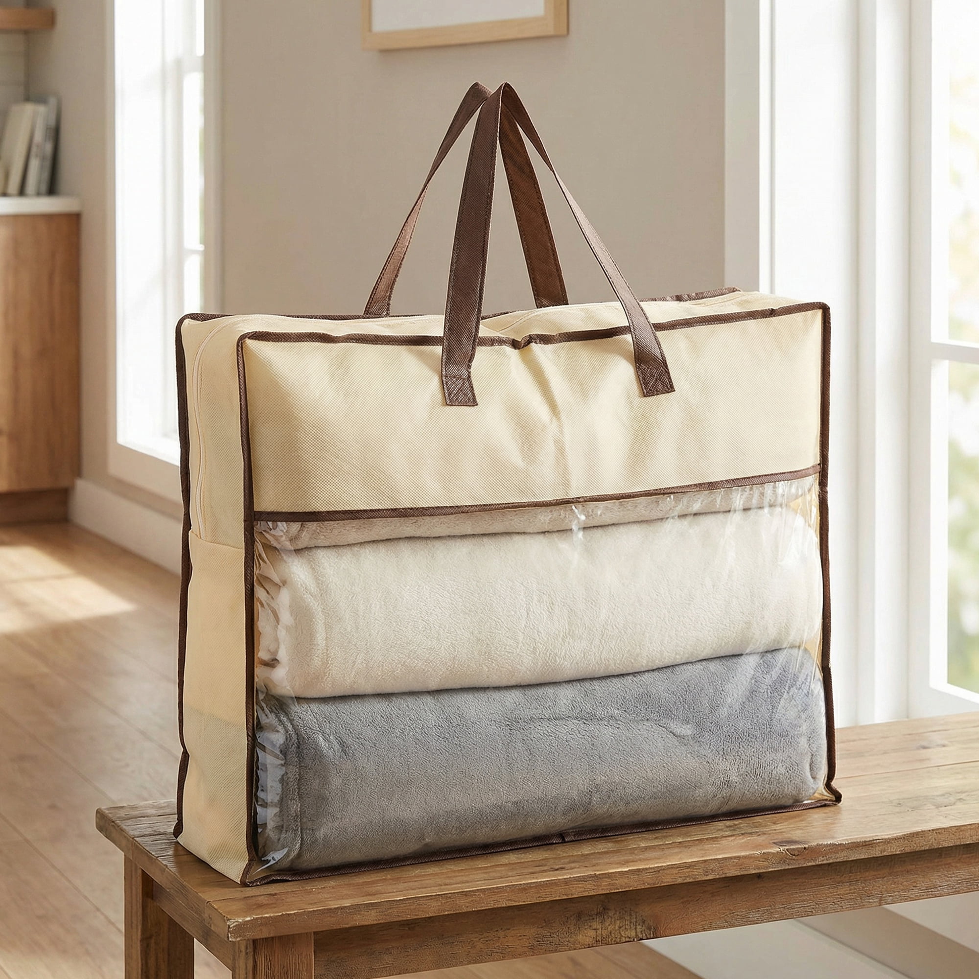 Unique Bargains Storage Bag for Organizing Clothing with Handles Beige 15.7"x19.7"x3.9"