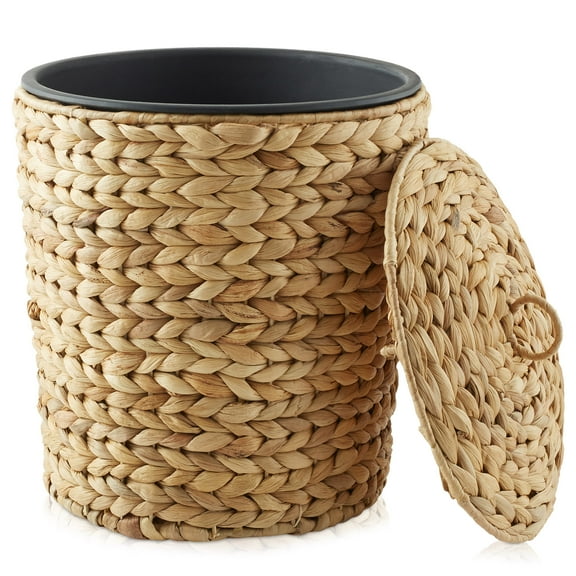 Casafield Hyacinth Trash Can with Lid and Liner - Natural, Woven Wicker Waste Basket for Garbage in the Bathroom, Bedroom, Laundry Room, Home Office