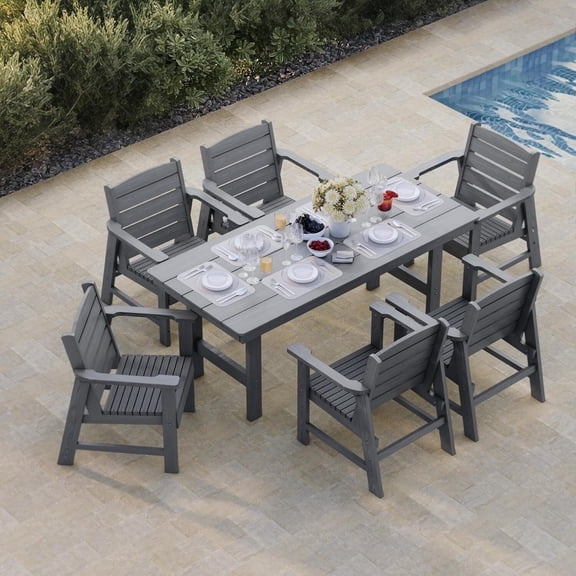 Modern HDPE Patio Dining Set, Poly Lumber Table and Chair, with Umbrella Hole, Weather Resistant, for Outdoor, Garden, Yard, Lawn（7 pieces）