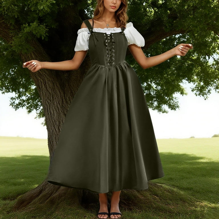 FASESH Plus Size Maxi Dress Renaissance Dress Women Gothic Lace up Corset Sleeveless A-Line Flowy Long Maxi Dress Medieval Costume Green M, Women's,