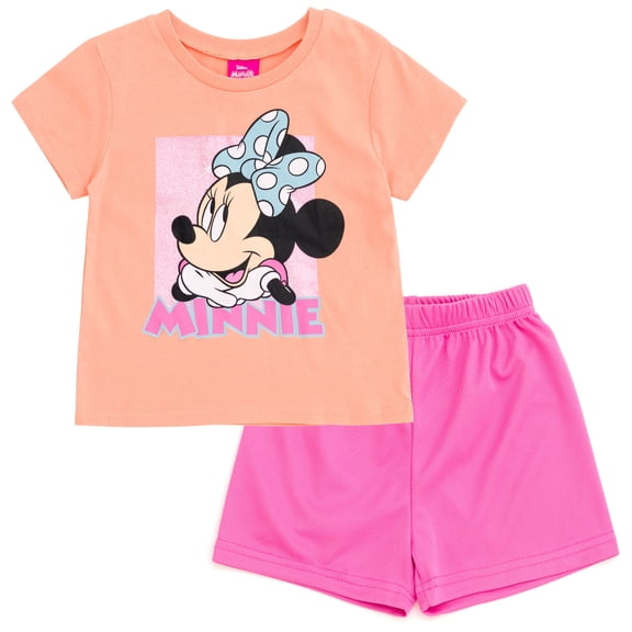 Disney Minnie Mouse Toddler Girls' Graphic Top and Mesh Shorts 2-Piece Set Peach and Pink Minnie Mouse