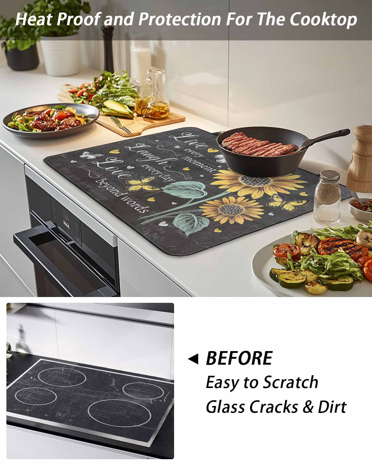 Stove Top Covers for Electric Stove 36x21 Inches, Retro Sunflower Heat Insulation Fireproof Glass Cooktop Protector, Spring Summer Farmhouse Floral Butterfly Countertop Stovetop Cover for Kitchen