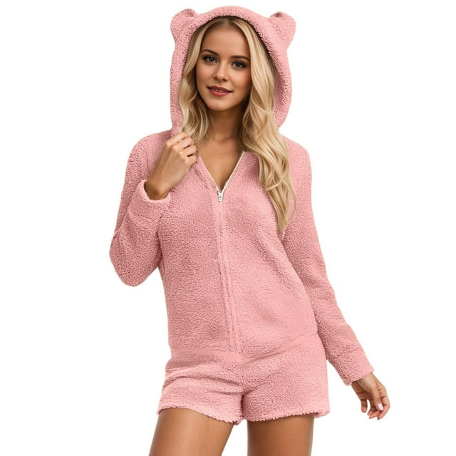 GPOECD Combinaison à Capuche pour Femmes Couleur Unie Manches Longues Décontractée avec Poches Pyjama Confortable Rose,XXXXXL