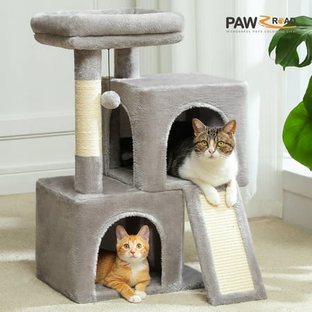 PAWZ Road 30" Cat Tree Condo with Sisal Scratcing Post Tower Ramp for Indoor Catss, Gray