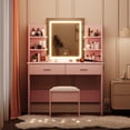 thumbnail image 3 of GloryStar Vanity Desk with Lighted Mirror, Makeup Vanity Set with Power Outlet, Cushioned Stool, Vanity Table with 6 Shelves, 2 Large Drawers, and 3 Color Light Adjustable Brightness, 3 of 7