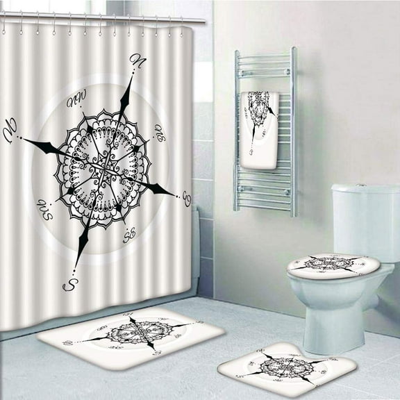 PRTAU Compass Hand Drawn Compass with Floral Arrangement Compass Boating 5 Piece Bathroom Set Shower Curtain Bath Towel Bath Rug Contour Mat and Toilet Lid Cover