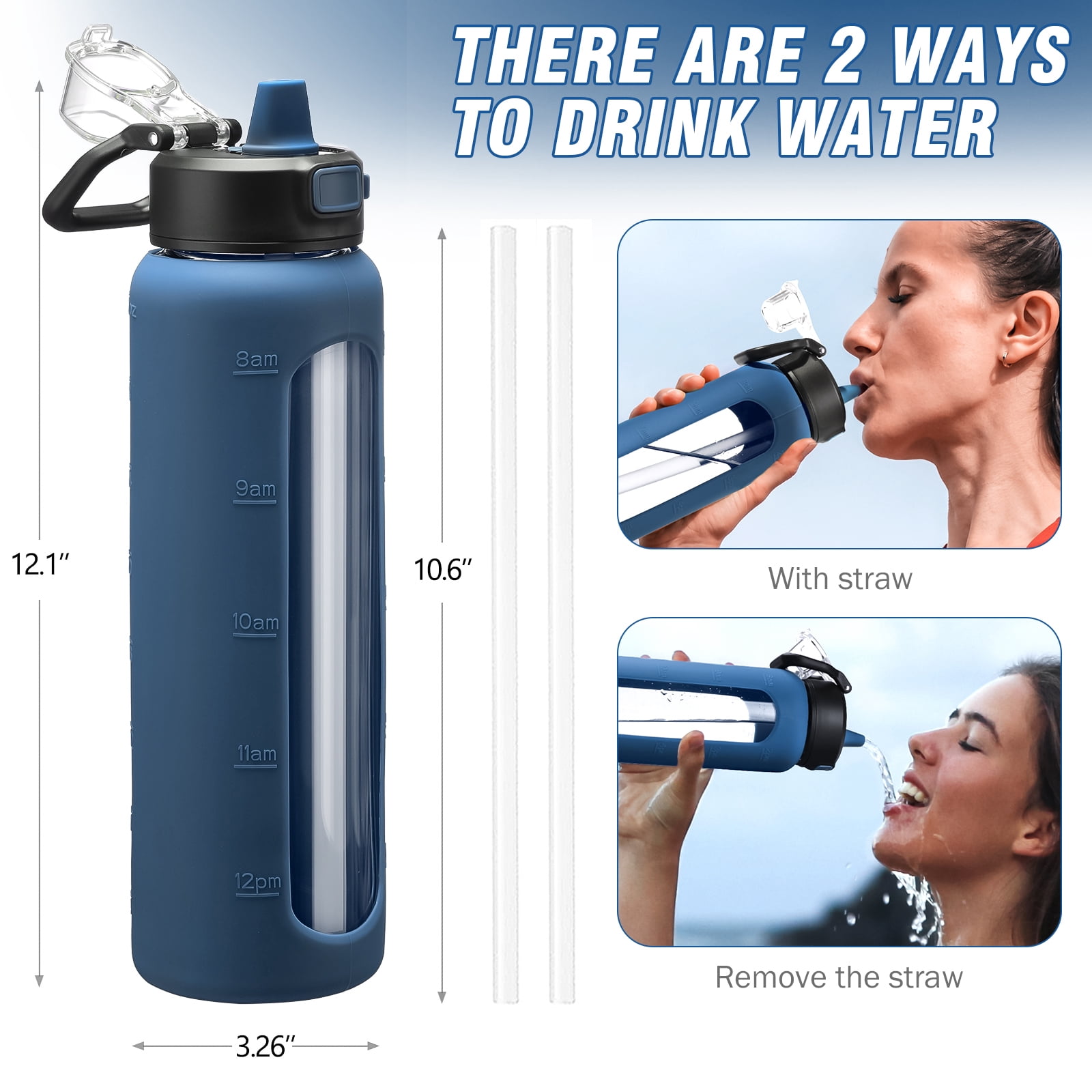 MUKOKO Water Bottle, 32oz Glass Drinking Bottle with Straw, Motivational Water Bottle with Leak Proof Locking Lid , Travel Sports Water Jug with Water Marker, Navy Blue