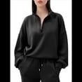 thumbnail image 3 of Sudadera Holgada Informal de Modal con Media Cremallera y Cuello Alto para Mujer, Jersey de Larga Popular para Otoño de 2025. Negro S, 3 of 8