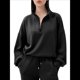 thumbnail image 3 of Sudadera Holgada Informal de Modal con Media Cremallera y Cuello Alto para Mujer, Jersey de Larga Popular para Otoño de 2025. Negro S, 3 of 8