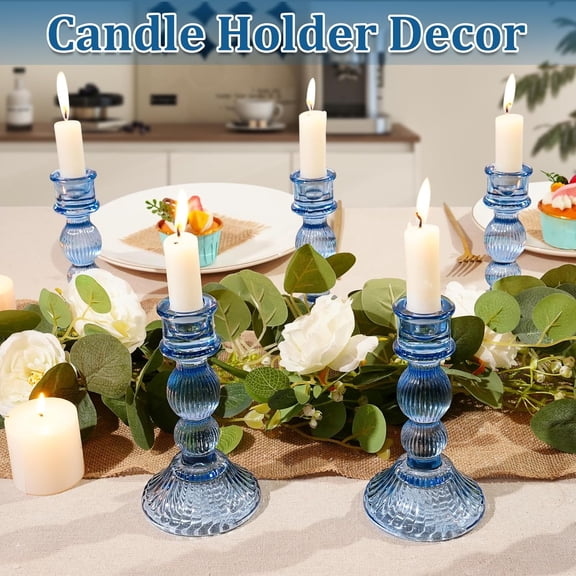 JUNXIAO-6" H Glass Candle Holder Set of 3, Taper Candles Holders - Candle Stick Holders for Home Decor Wedding Party & Table Centerpieces (Blue, 3 Pcs)