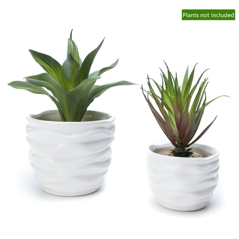 K-Cliffs White Ceramic Pots, Modern Design Waving Set of 2 Small