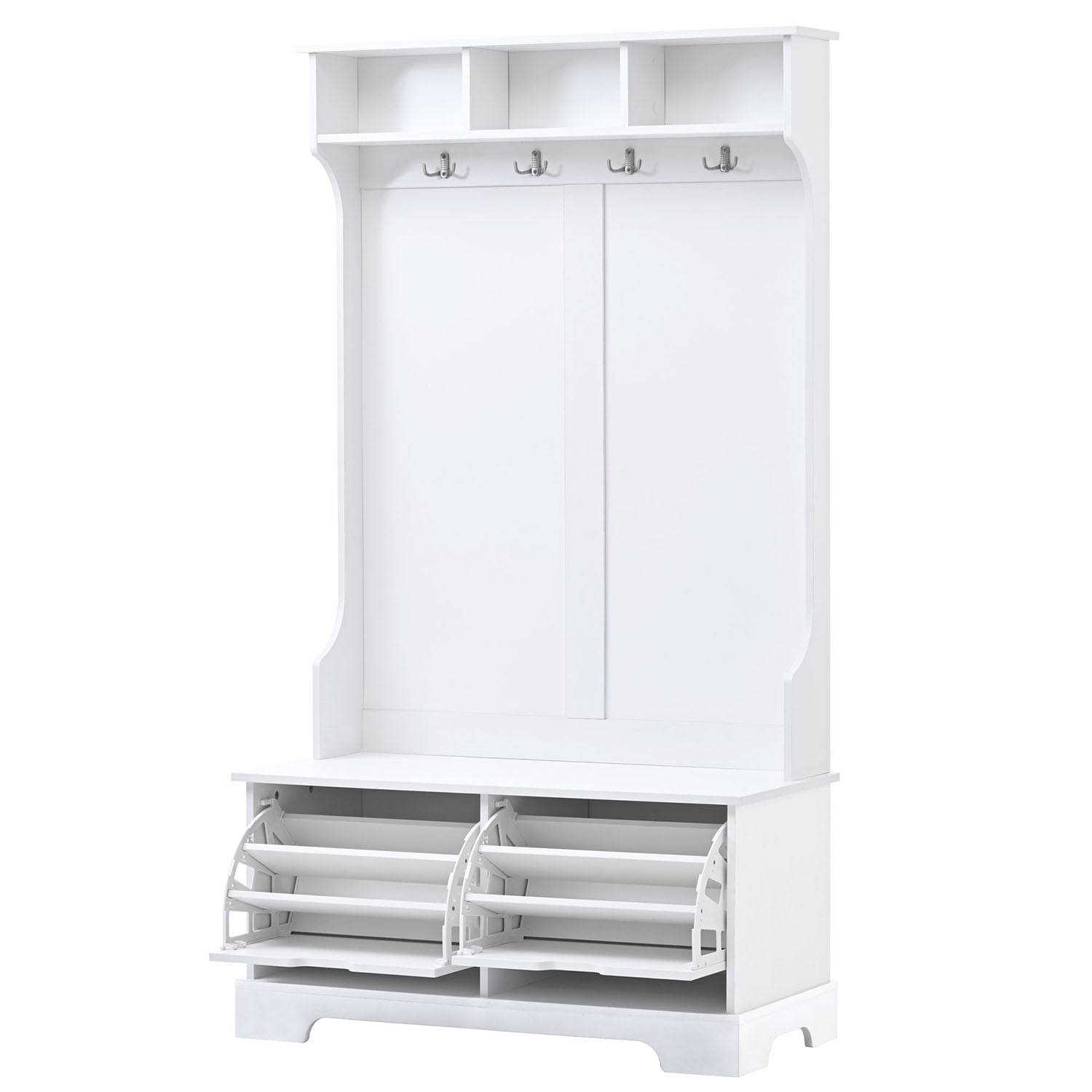 Kadyn All in One Hall Tree, Wide Hall Tree with 3 Top Shelves and 2 Flip Shoe Storage Drawers, Mudroom Hall Tree with Storage Bench and Metal Hanging Hooks, White