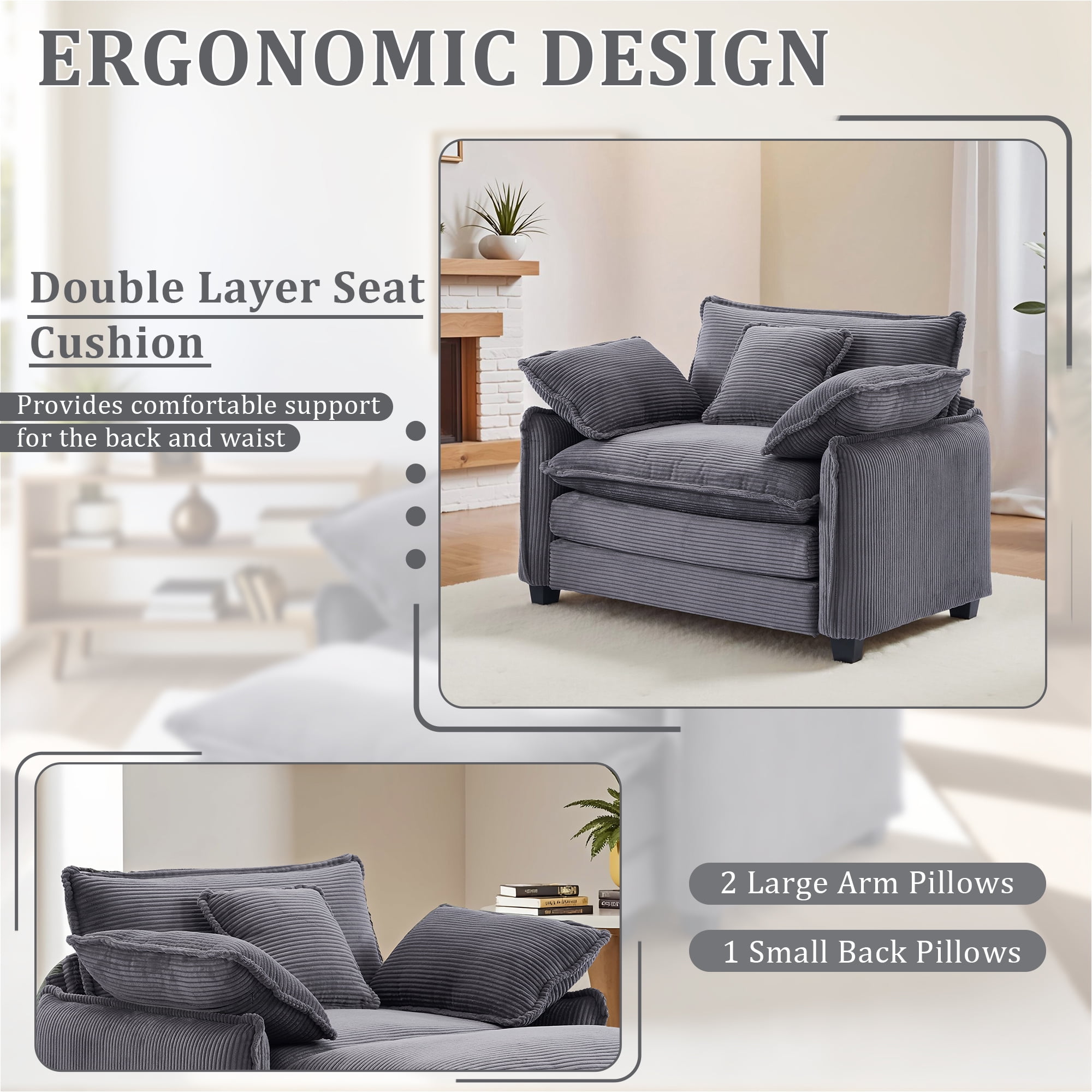 Gexpusm Wide Upholstered Sofa for Living Room and Bedroom, Comfy Living Room Chair, Single Sofa with Ottoman, Gray