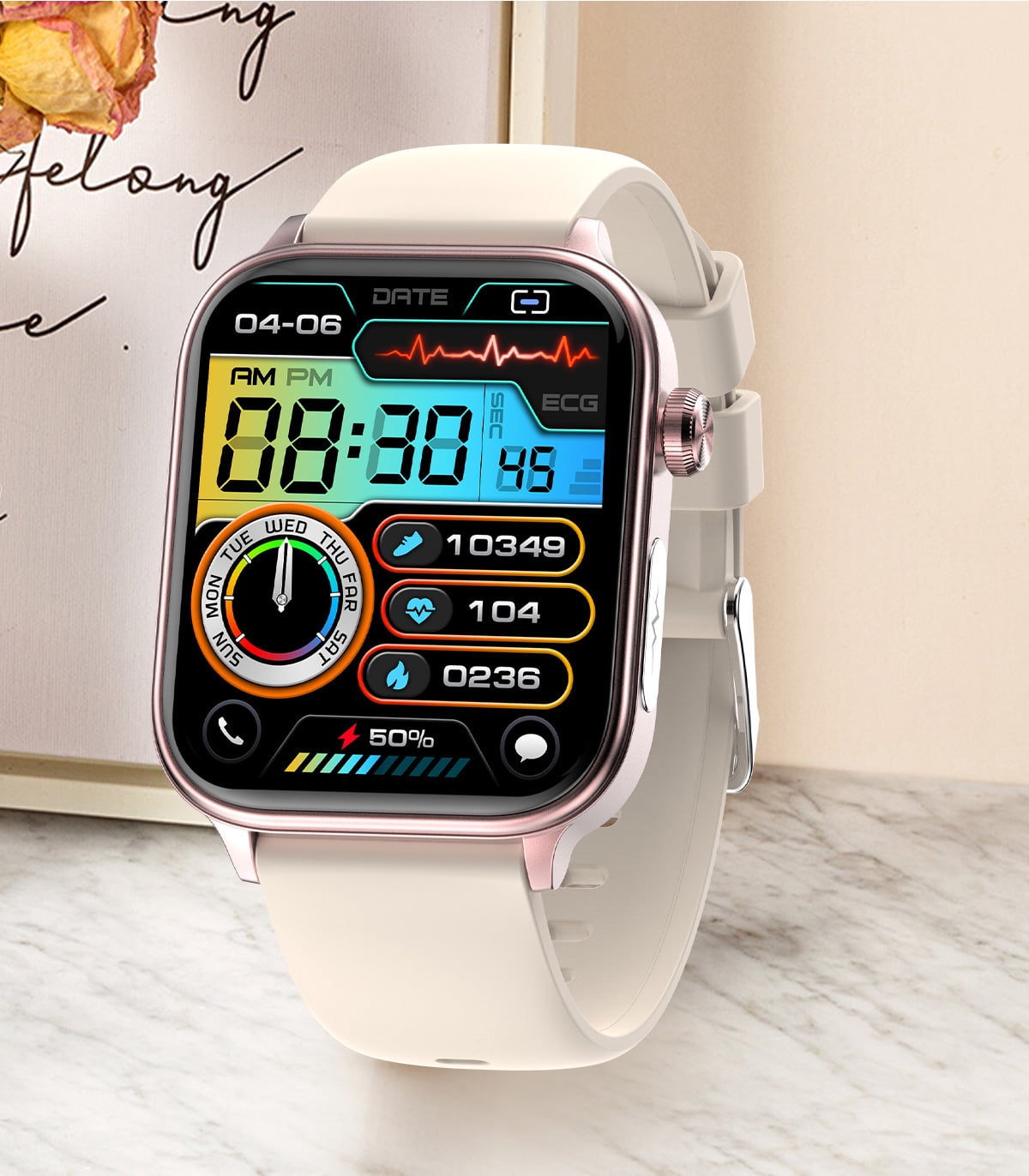 Laatikui ET570 smart watch, Bluetooth GPS men and women sports waterproof mode, 1.96-inch fitness exercise tracker, call/smart reminder