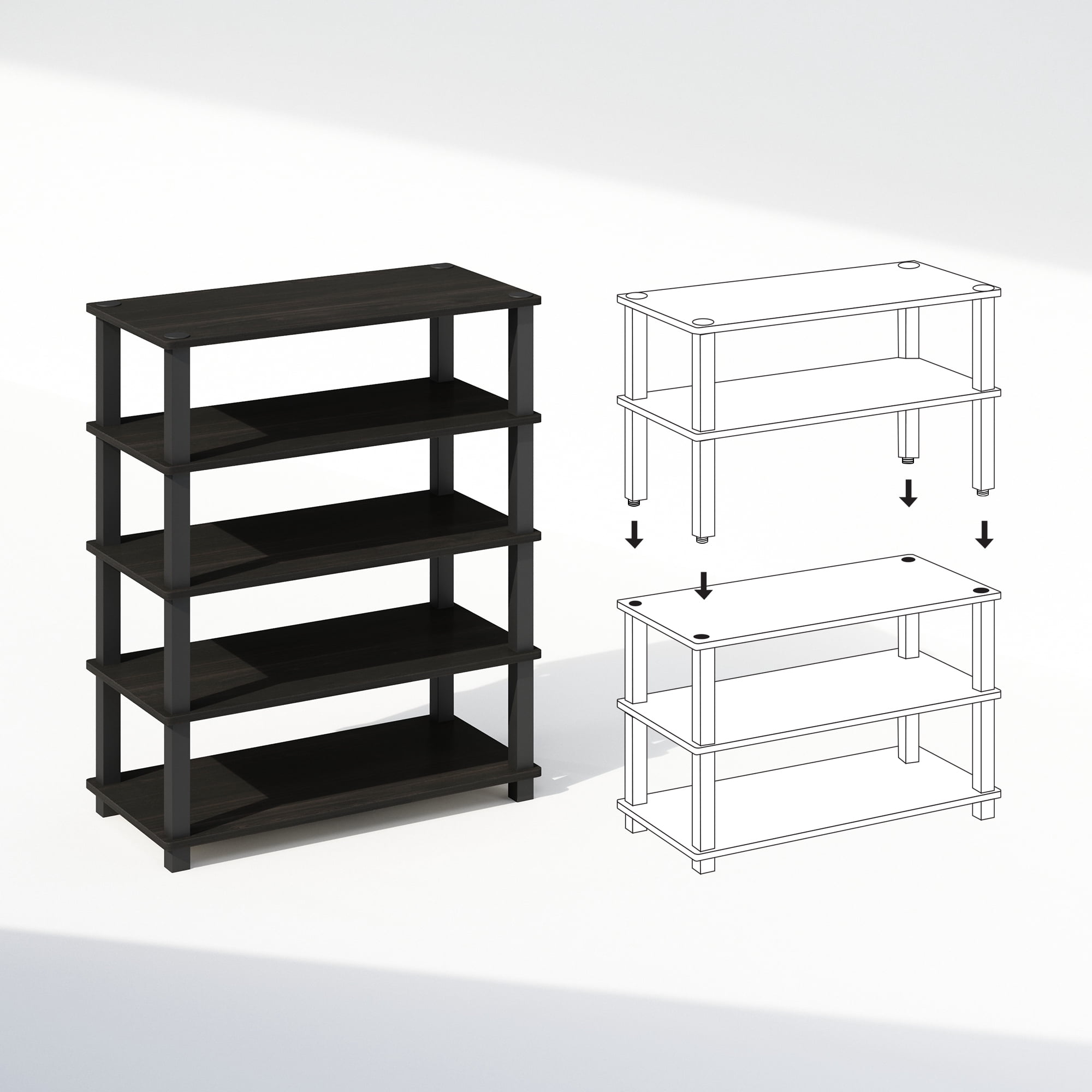 Furinno Turn-S-Tube 3-Tier Multipurpose Standing Shelves, Espresso/Black, Set of 2