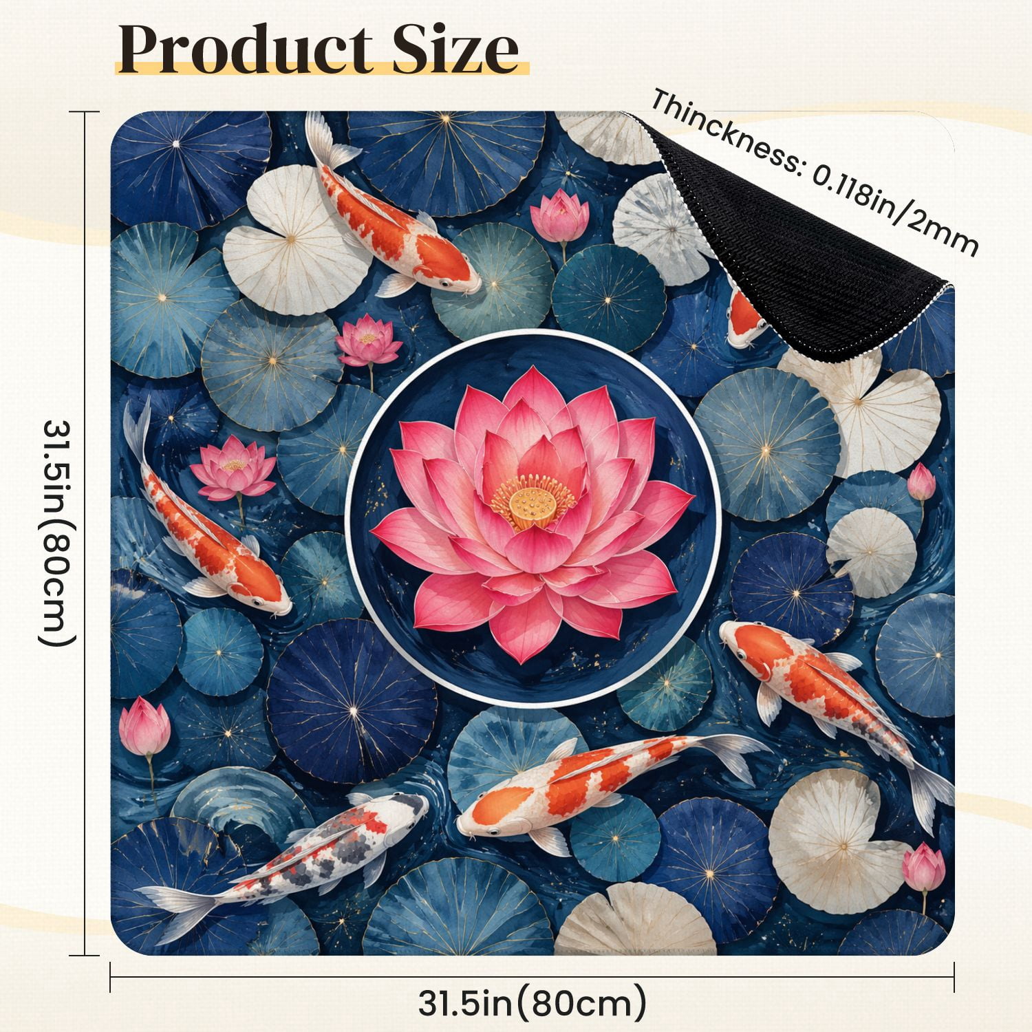 Mahjong Mat 31.5" x 31.5" Vibrant Fish Swimming Blue Lotus Leaves Pink Water Lily Centerpiece Non-Slip Noise Reduction Mahjong Tiles Table Cover for Dominoes Poker Card Board and Tile Games