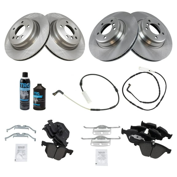 TRQ Brake Rotor & Premium Ceramic Pad Kit w/ Sensors Front & Rear w/Chemicals BKA19986