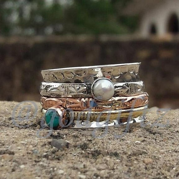 Turquoise & Pearl Spinner Ring: 925 Sterling Silver Meditation Ring