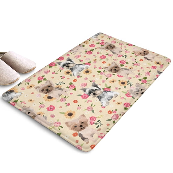 Yorkie with Pioneer Flower Flannel Non Slip Door Rugs,Washable Door Mats Indoor,Decorative Door Mats,Dirt-Resistant and Absorbent Doormat for Entrance,Bedroom,Kitchen,Bathroom,23.5x16in(60x40cm)