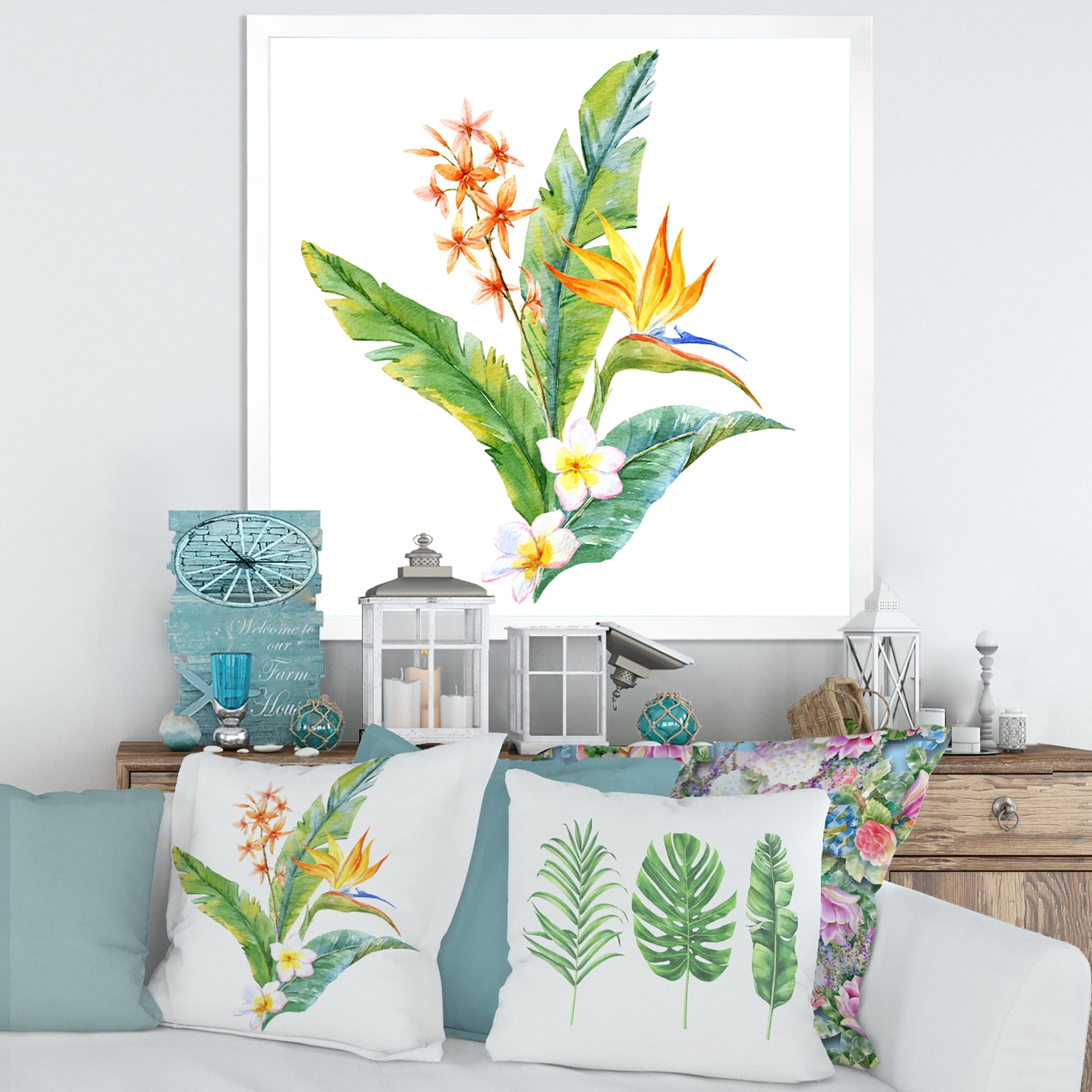 Designart 'Green Leaves With Tropical Yellow Flowers I' Traditional Framed Art Print