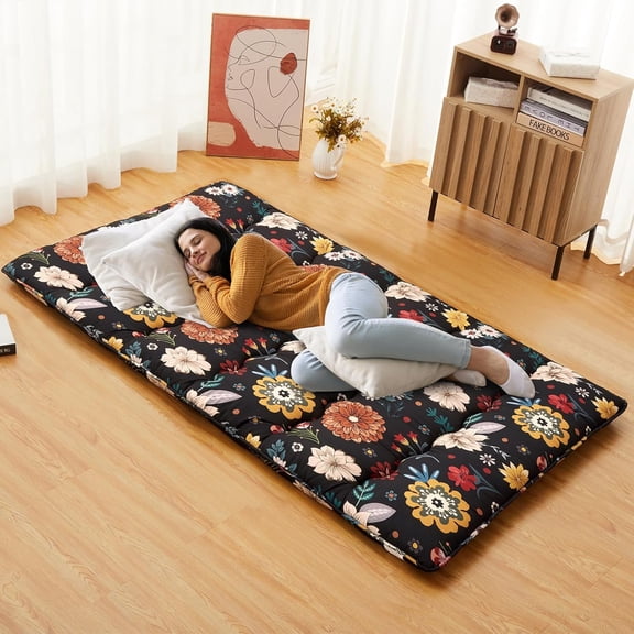 Home Japanese Futon Floor Mattress, 3 Inch Thick Floral Tatami Mat, Foldable Portable Sleeping Mattress, Modern Floor Bed for Living Room, Guest Room, Camping