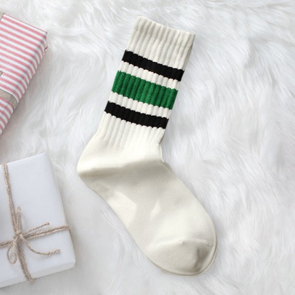 Japanese Striped Thick Lined Long Socks For Couple Sporty Mid Calf Athletic Casual Tube, Black