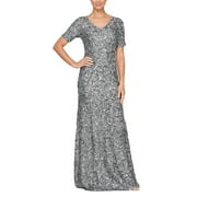 Alex Evenings V Neck Short Sleeves Back Zipper Embroidered Long Dress-GUNMETAL / 12
