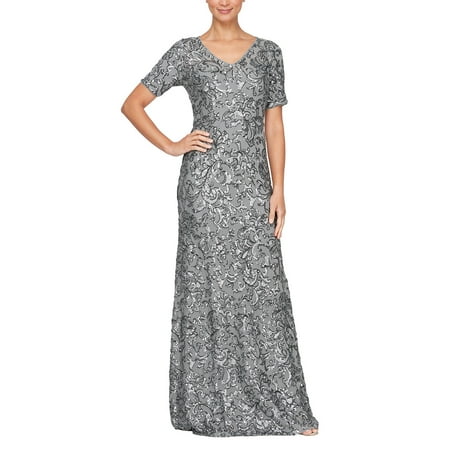 Alex Evenings V Neck Short Sleeves Back Zipper Embroidered Long Dress-GUNMETAL / 6