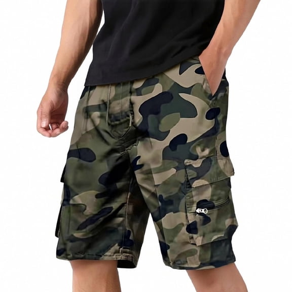 Mens Cargo Shorts Casual Elastic Waist Twill Work Shorts Relaxed Fit Hiking Short Pants with Pockets Camouflage M