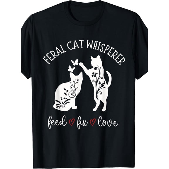 Unisex "Feral Cat Whisperer" Floral Cat Graphic Tees featuring Artistic Cat Print T - shirts Comfortable Short Sleeve Tops Great For Daily Casual Wear and Cat Advocates