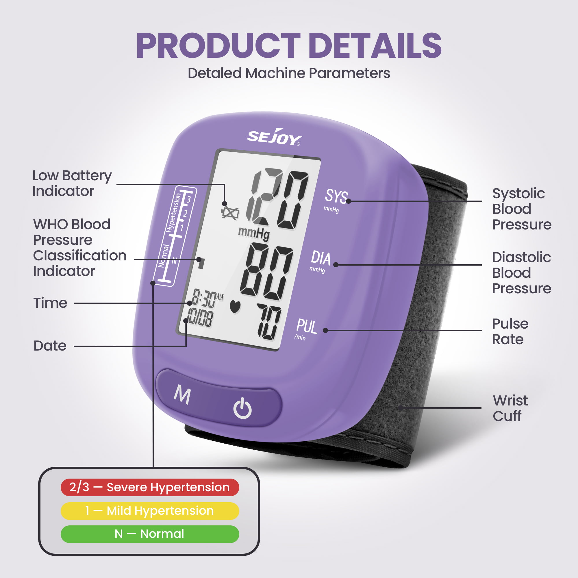 Sejoy Blood Pressure Monitor Upper Arm, Automatic Digital BP Machine for Home  Use, X-Large Cuff, Large Backlit Display,USB cable, Purple 